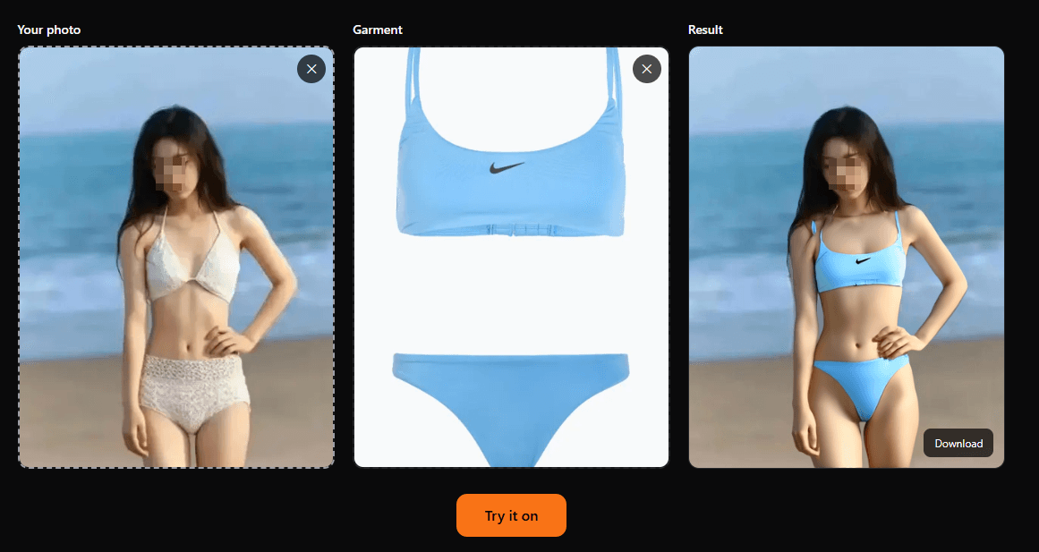 Example: person photo plus flat-lay garment producing a try-on result